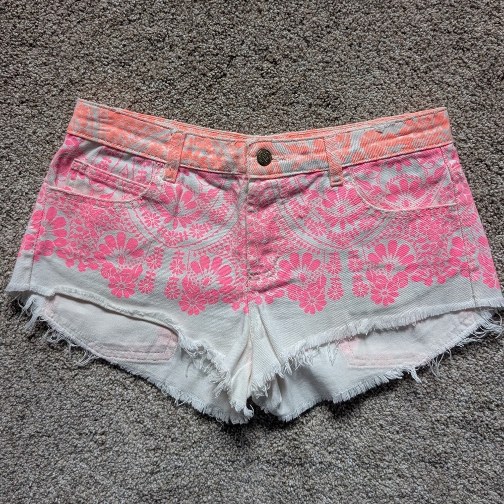 FARM RIO Sz EU 34 US 2 Mini Short Neon Y2K Festival Raw Hem Mid Rise Tribal